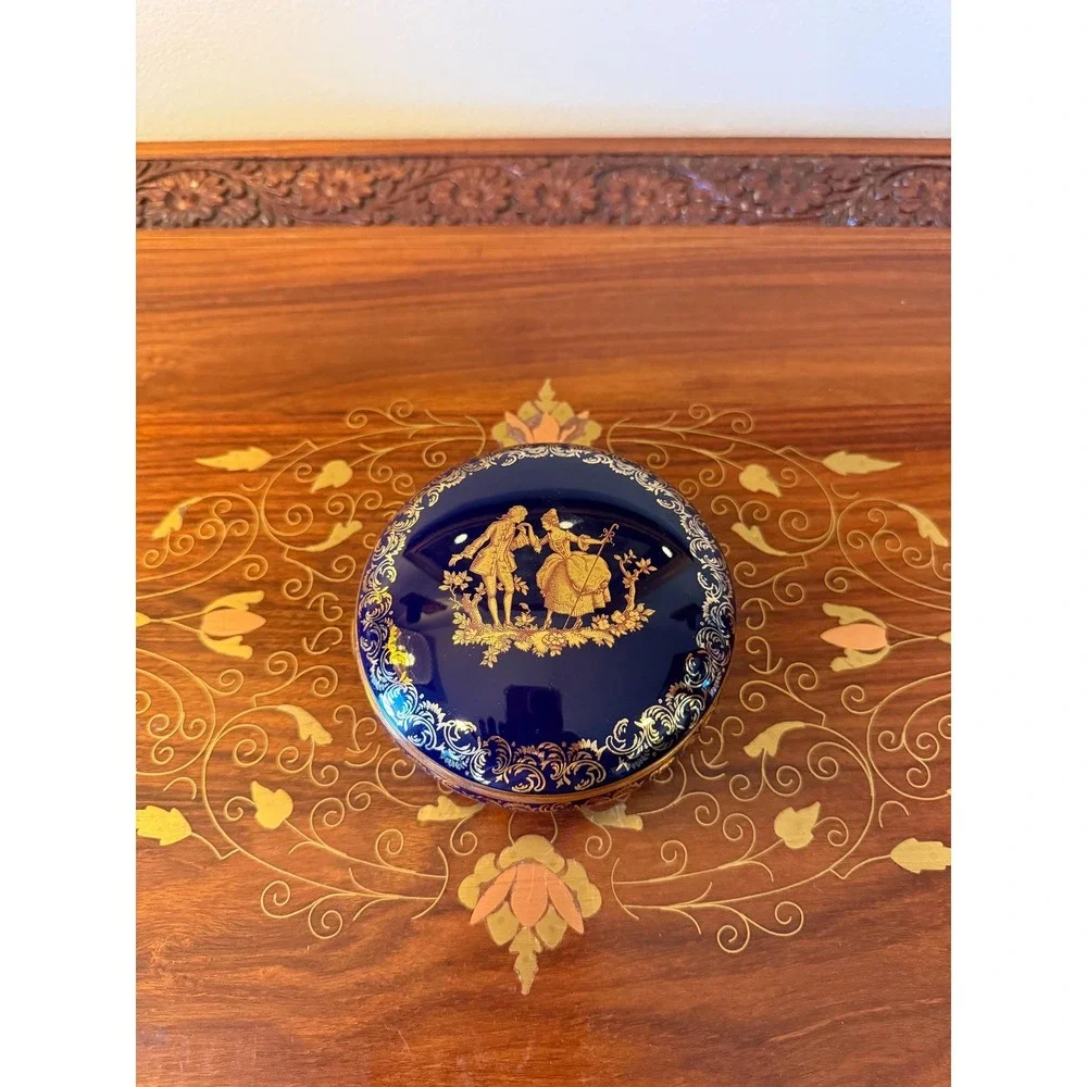 Vintage Limoges Cobalt Blue Gold Trinket Box, French Porcelain 4.5